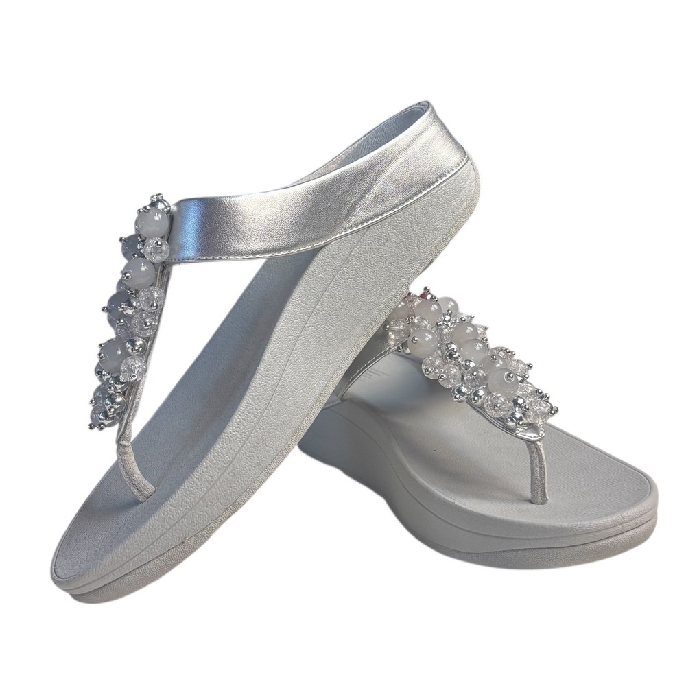 FitFlop Fino Bauble-Bead Toe-Post Sandals Silver Pewter Women's Size 7 Worn Once